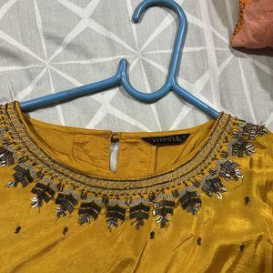 Mustard A-line Top With Black Work On Neck