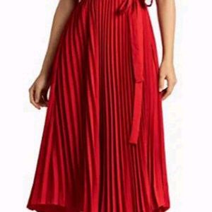 Women's Elegant Belted Pleated Flounce Sleeve Knee Length dress Red Color