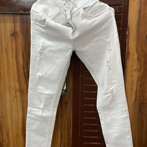 White Skinny Rugged High Waist Jeans