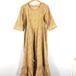 Mustard Yellow Printed Long Flared Kurta