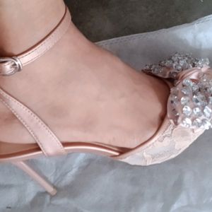 Satin Embellished Ankle Strap Heel