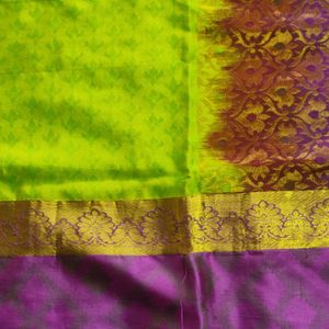 Parrot Green And Purple Silk Saree