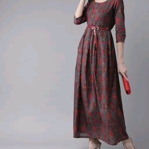 AKS Women Grey & Red Printed Maxi Dress