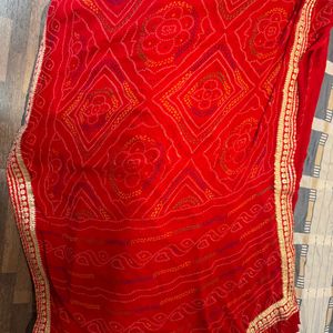 Tomato Red Bandhani Sari With gota Patti Border