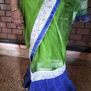 Blue N Green Combination Saree With Silver Bolouse