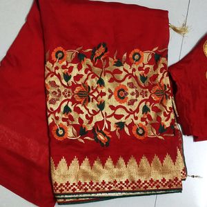 Heavy Red Saree With Designer Blouse