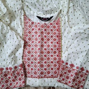 White Embroidered Polka Dot Anarkali Kurti