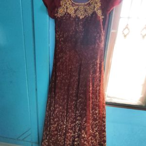 Ethnic Net Gown With Gold Print