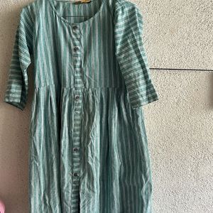 Green And White Strip Long Kurti With Button