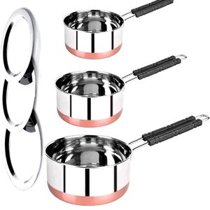 Set Of 3, Copper Base Saucepan With Lid