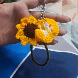 Sunflower With Butterfly Crochet Keychain