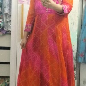 Gota Patti Work Gown Leheriya Bandhej Women