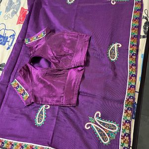 Supernet Embroidery Purple Saree