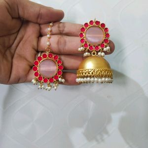 Brass Jhumka Maangtika Set