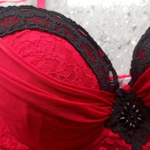 Red Lace And Net Bustier Gothic Slit Top