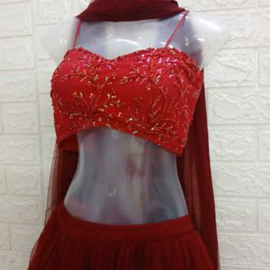 Threadwork Red Sleevesless Lehenga Choli