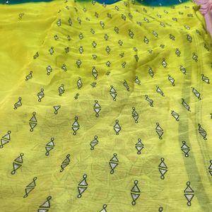 New-Yellow And Blue Foil Print Saree