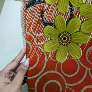 Orange And Green Flower Printed Saree