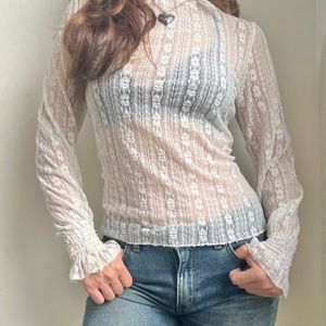 White Lace Fitted Turtleneck Top