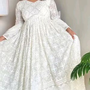 White Chickenkari Gown With Dupatta