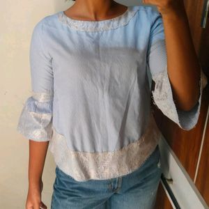 Blue And White Stripped Top With V Shape Cut