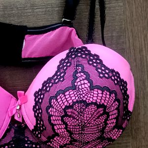 Neon Pink With Black Net Bra For Women.