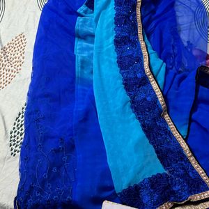 Blue And Cyan Color Saree With Embroidery