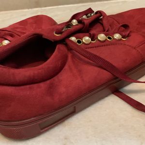 Maroon Velvet With Pearl Design Shoes