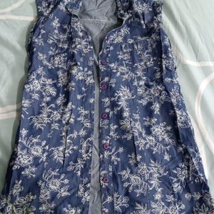 Floral Blue Sleeveless Shirt For Girls