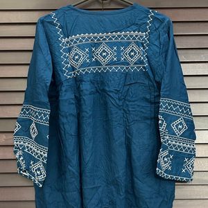 Blue Top With White Embroidered Sleeves