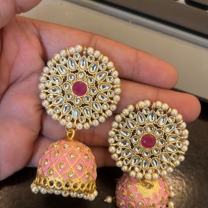 stylish Pink Kundan Pearl Jhumka For Women