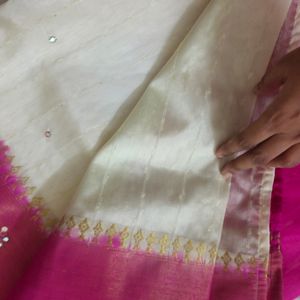 Semi Silk Saree - White And Magenta