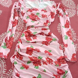 Floral Long Sleeve Runched Bodycon Dress