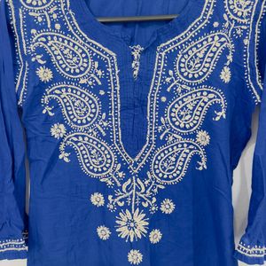 Elegant Blue Kurti With White Paislay Embroidery