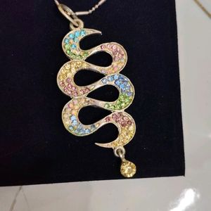 Silver Chain & Multi Colour Diamond Pendant Set