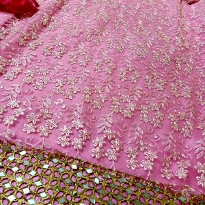 Pink Suit Set With Mirror Work & Thread