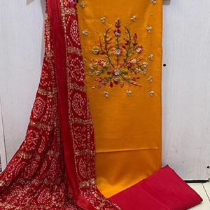 Cotton Dress Material With Silk Bandhej Dupatta