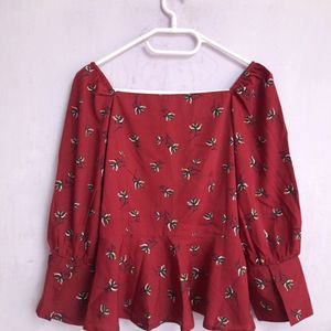 Maroon Floral Puff Sleeves Top