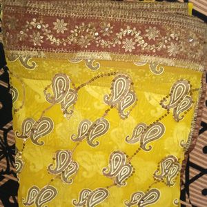 Tissue Yellow And Brown Gold Saree