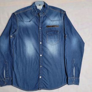 Men's  Denim Casual Shirt With Mandarin Collar