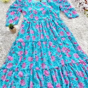 DESIGNER SKY BLUE FLORAL PRINT GOWN