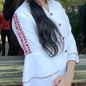 White Top And Red Side Cut Long Skirt (Ethnic Wear)