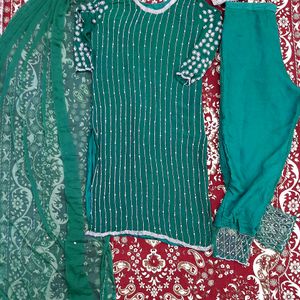 Green Colour Straight Trouser Suit With Dupatta