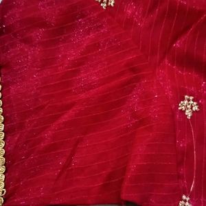 Red Saree Beautiful Border With Blouse Size 42