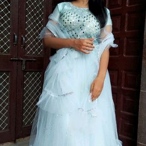 Beautiful Ice Blue Lehanga With Half Flir Dupatta