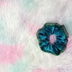 Teal Coloured Velvet Beads Scrunchie 🦋