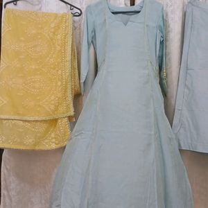 Sky Blue Set With Yellow Dupatta