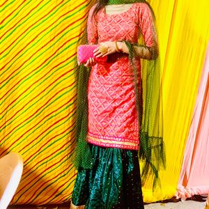 Heavy Peach Kurta With Green Ghrara&Ruffle Dupatta