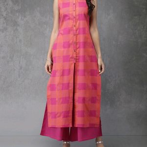 ANOUK Pink & Orange Checked Kurta