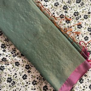 Green Tissue Saree With Pink Border